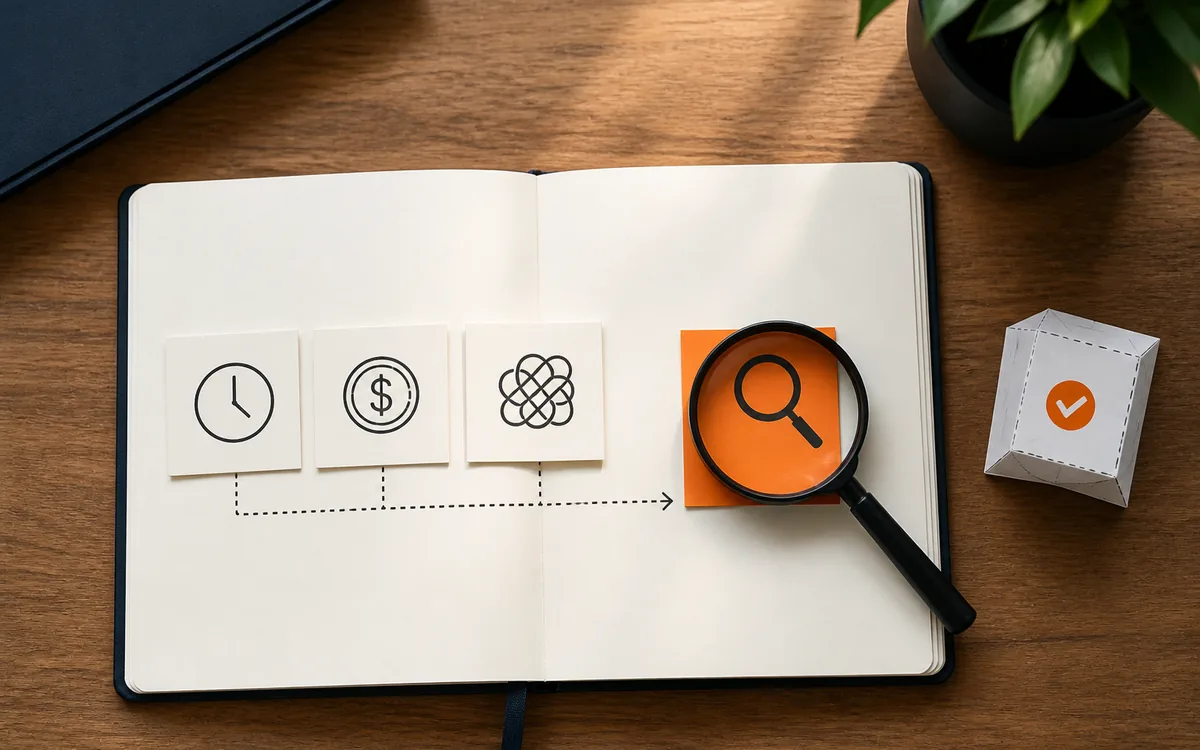 Cuaderno con tarjetas de tiempo, dinero y complejidad, y una lupa examinando dónde está la oportunidad