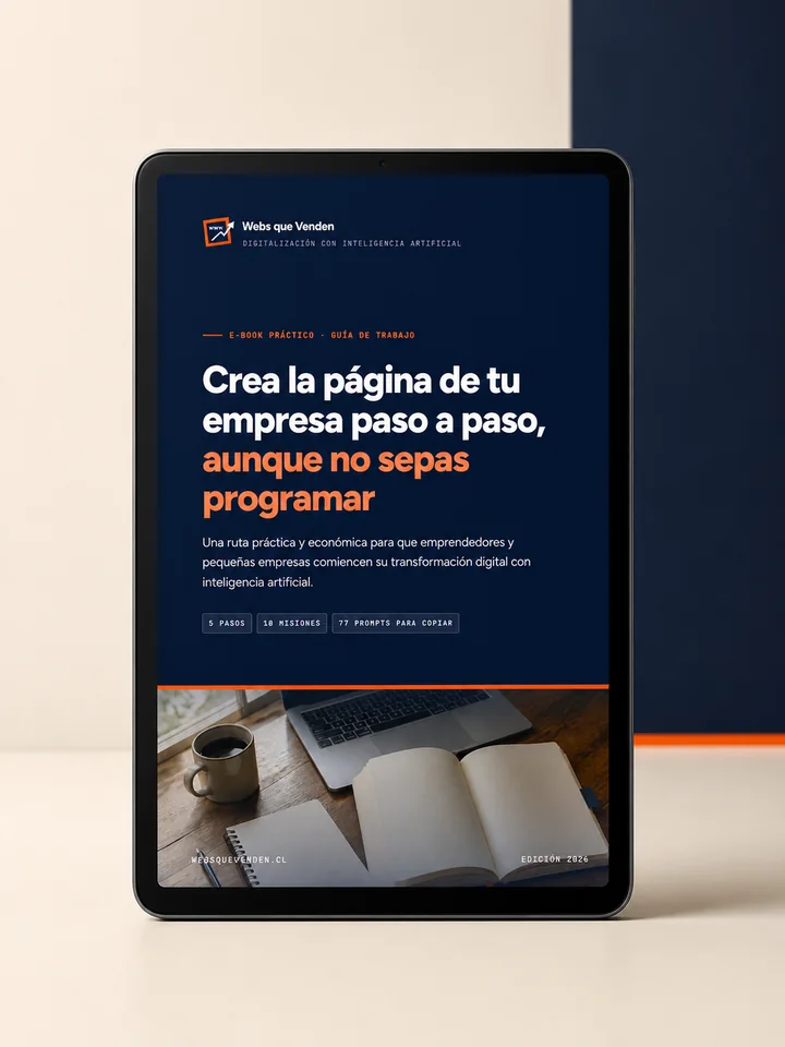 Tableta mostrando la portada del e-book: Crea la página de tu empresa paso a paso, aunque no sepas programar
